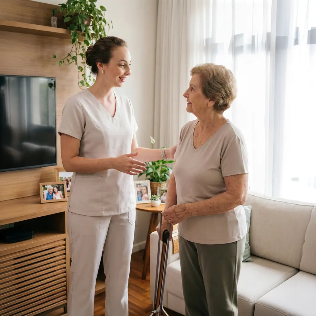 Fisioterapeuta atendendo idosa em casa com cuidado e atenção